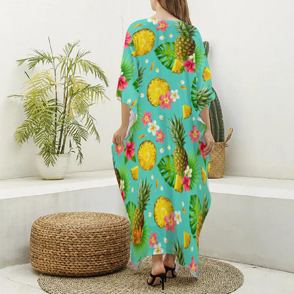 Blue Aloha Pineapple Pattern Print Silk V-Neck Kaftan Dress