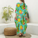 Blue Aloha Pineapple Pattern Print Silk V-Neck Kaftan Dress