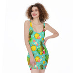Blue Aloha Pineapple Pattern Print Sleeveless Bodycon Dress