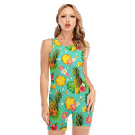 Blue Aloha Pineapple Pattern Print Sleeveless One Piece Swimsuit