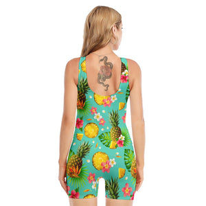 Blue Aloha Pineapple Pattern Print Sleeveless One Piece Swimsuit