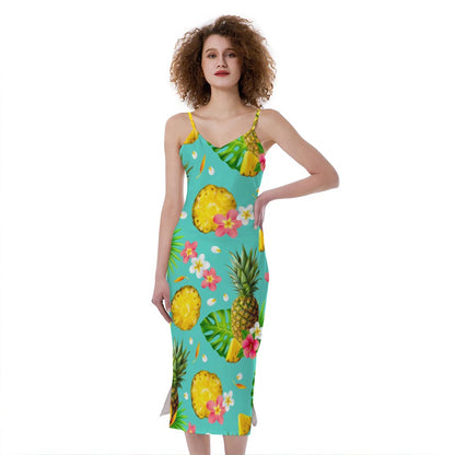 Blue Aloha Pineapple Pattern Print Slim Fit Midi Cami Dress