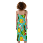Blue Aloha Pineapple Pattern Print Slim Fit Midi Cami Dress