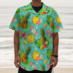 Blue Aloha Pineapple Pattern Print Textured Short Sleeve Shirt