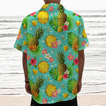 Blue Aloha Pineapple Pattern Print Textured Short Sleeve Shirt