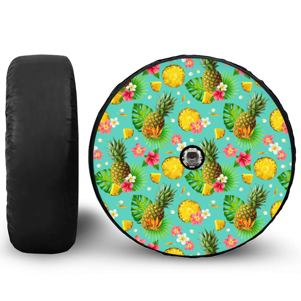 Blue Aloha Pineapple Pattern Print Tire Cover With Camera Hole