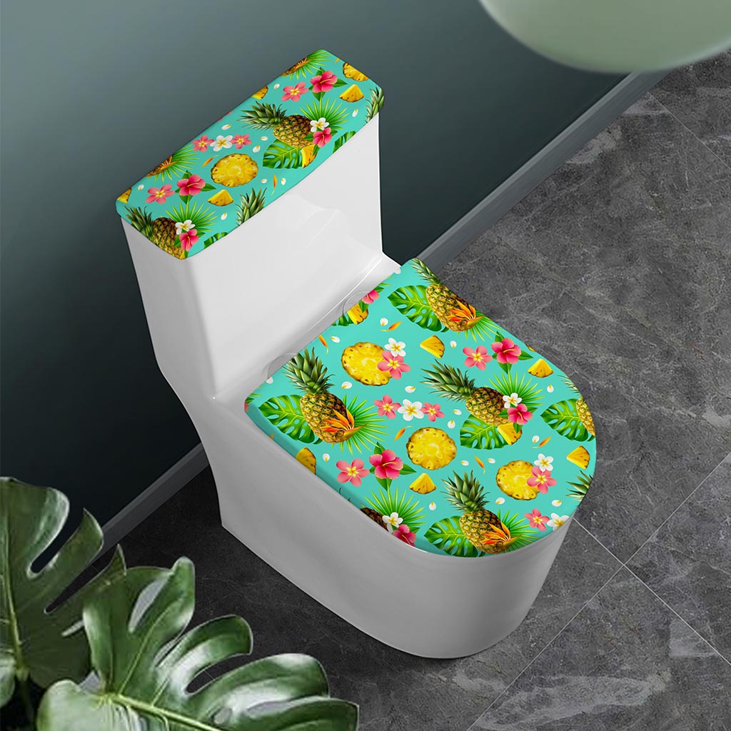 Blue Aloha Pineapple Pattern Print Toilet Lid And Tank Cover Set