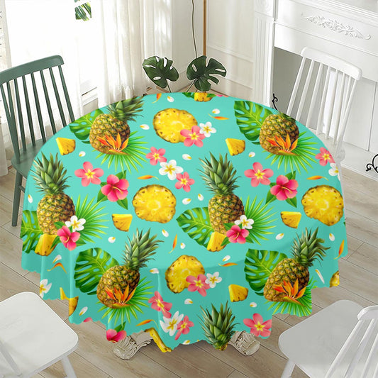 Blue Aloha Pineapple Pattern Print Waterproof Round Tablecloth