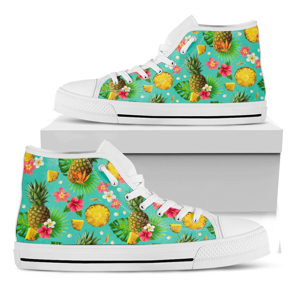 Blue Aloha Pineapple Pattern Print White High Top Sneakers