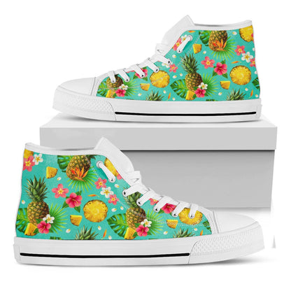 Blue Aloha Pineapple Pattern Print White High Top Sneakers