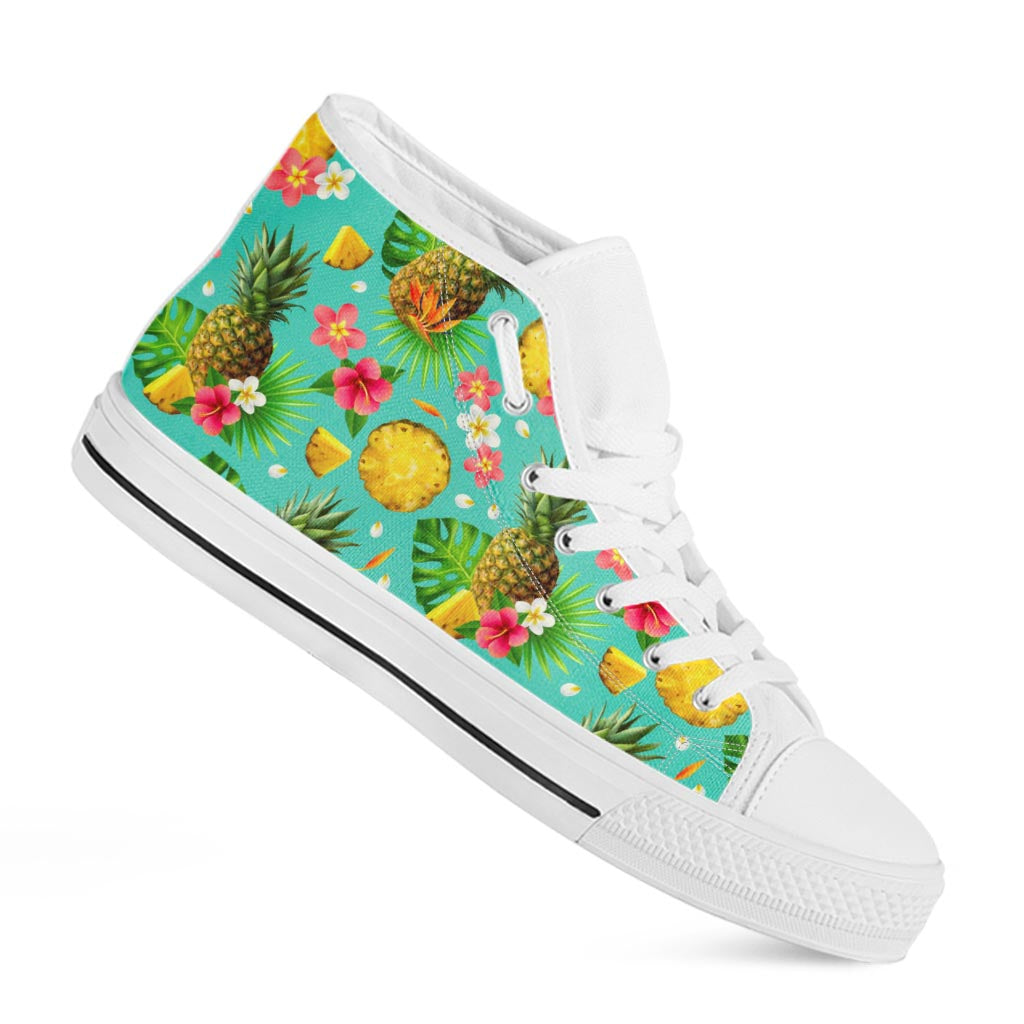 Blue Aloha Pineapple Pattern Print White High Top Sneakers