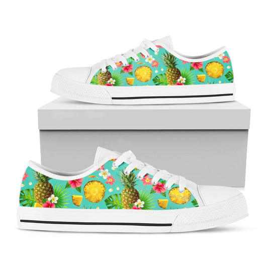 Blue Aloha Pineapple Pattern Print White Low Top Sneakers