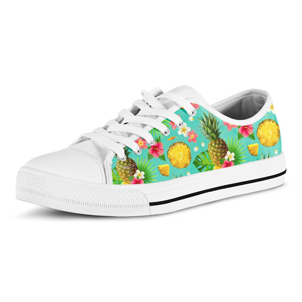 Blue Aloha Pineapple Pattern Print White Low Top Sneakers