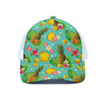 Blue Aloha Pineapple Pattern Print White Mesh Trucker Cap