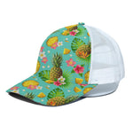Blue Aloha Pineapple Pattern Print White Mesh Trucker Cap