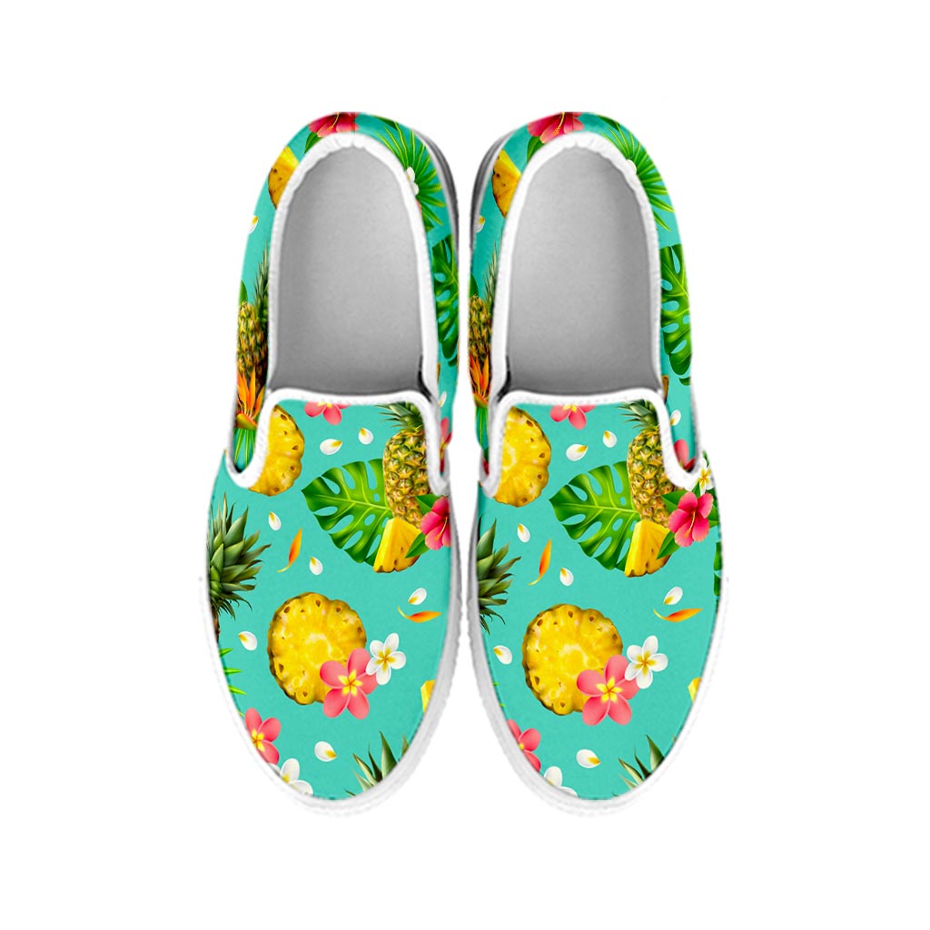 Blue Aloha Pineapple Pattern Print White Slip On Sneakers