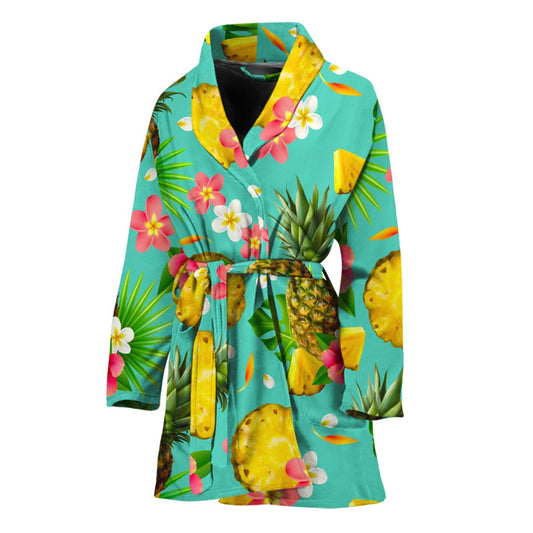 Blue Aloha Pineapple Pattern Print Women's Bathrobe