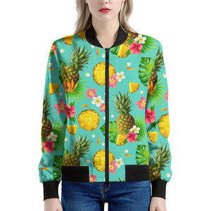 Blue Aloha Pineapple Pattern Print Women's Bomber Jacket