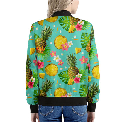 Blue Aloha Pineapple Pattern Print Women's Bomber Jacket