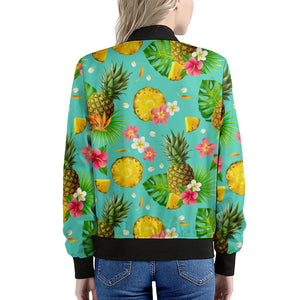 Blue Aloha Pineapple Pattern Print Women's Bomber Jacket