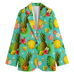 Blue Aloha Pineapple Pattern Print Women's Cotton Blazer