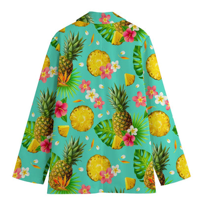 Blue Aloha Pineapple Pattern Print Women's Cotton Blazer