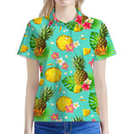 Blue Aloha Pineapple Pattern Print Women's Polo Shirt