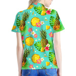 Blue Aloha Pineapple Pattern Print Women's Polo Shirt