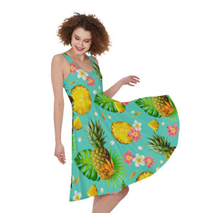 Blue Aloha Pineapple Pattern Print Women's Sleeveless Dress