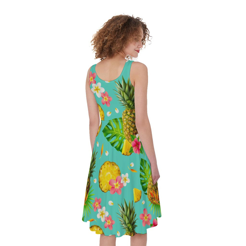 Blue Aloha Pineapple Pattern Print Women's Sleeveless Dress