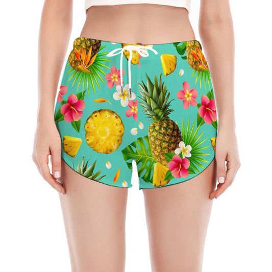 Blue Aloha Pineapple Pattern Print Women's Split Running Shorts