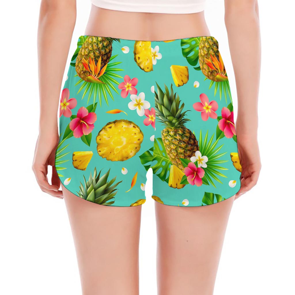 Blue Aloha Pineapple Pattern Print Women's Split Running Shorts