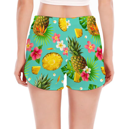 Blue Aloha Pineapple Pattern Print Women's Split Running Shorts