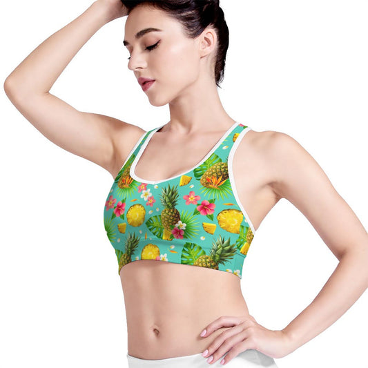 Blue Aloha Pineapple Pattern Print Women's Sports Bra