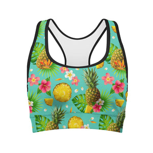 Blue Aloha Pineapple Pattern Print Women's Sports Bra