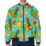 Blue Aloha Pineapple Pattern Print Zip Sleeve Bomber Jacket