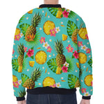 Blue Aloha Pineapple Pattern Print Zip Sleeve Bomber Jacket