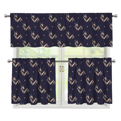 Blue And Beige Mantis Pattern Print 3 Piece Kitchen Curtains