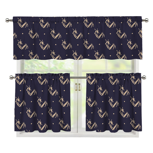 Blue And Beige Mantis Pattern Print 3 Piece Kitchen Curtains