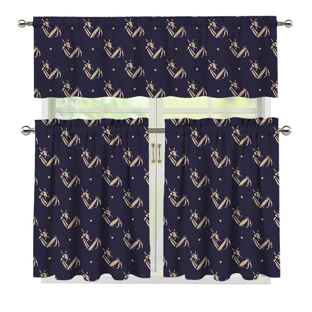 Blue And Beige Mantis Pattern Print 3 Piece Kitchen Curtains