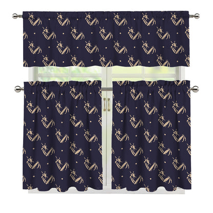 Blue And Beige Mantis Pattern Print 3 Piece Kitchen Curtains