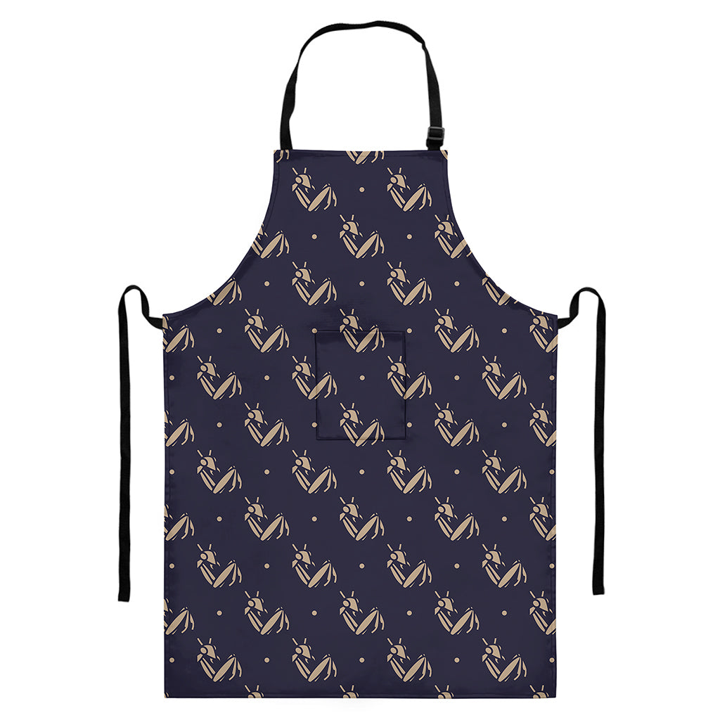 Blue And Beige Mantis Pattern Print Bib Apron With Pocket