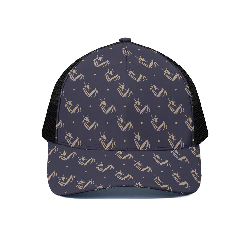 Blue And Beige Mantis Pattern Print Black Mesh Trucker Cap