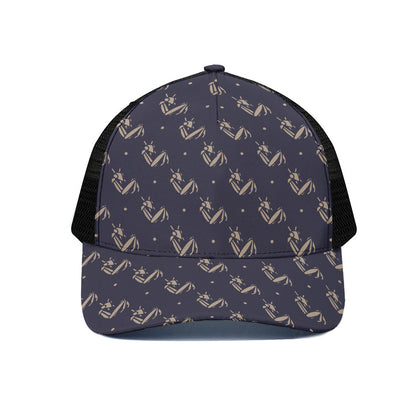 Blue And Beige Mantis Pattern Print Black Mesh Trucker Cap
