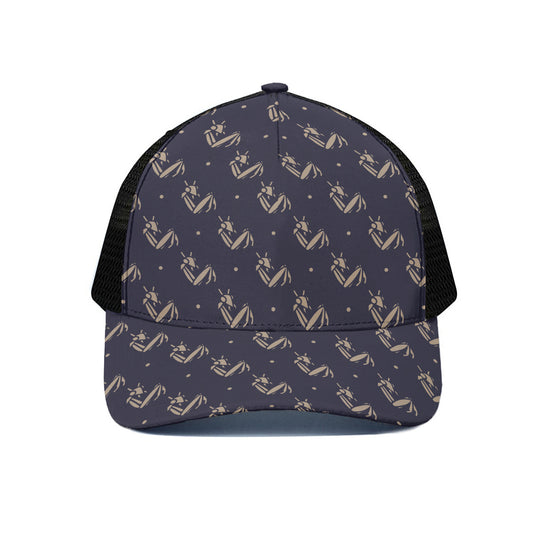 Blue And Beige Mantis Pattern Print Black Mesh Trucker Cap