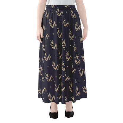 Blue And Beige Mantis Pattern Print Chiffon Maxi Skirt
