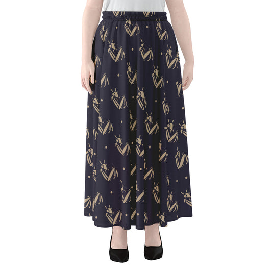 Blue And Beige Mantis Pattern Print Chiffon Maxi Skirt
