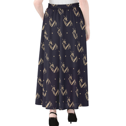 Blue And Beige Mantis Pattern Print Chiffon Maxi Skirt