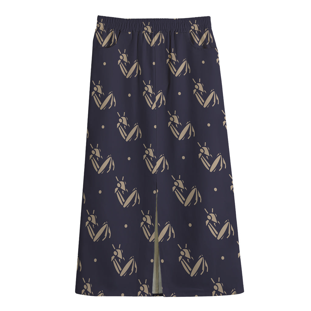 Blue And Beige Mantis Pattern Print Cotton Front Slit Maxi Skirt