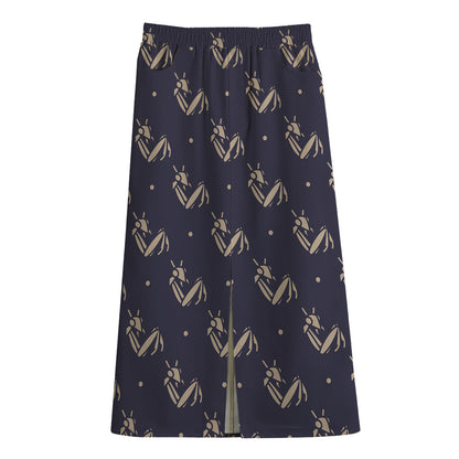Blue And Beige Mantis Pattern Print Cotton Front Slit Maxi Skirt